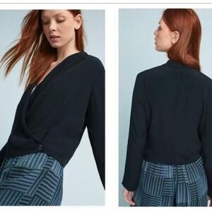 Anthropologie Ett:Twa Black Cropped V Neck Wrap Blazer Jacket Size 4 Workwear
